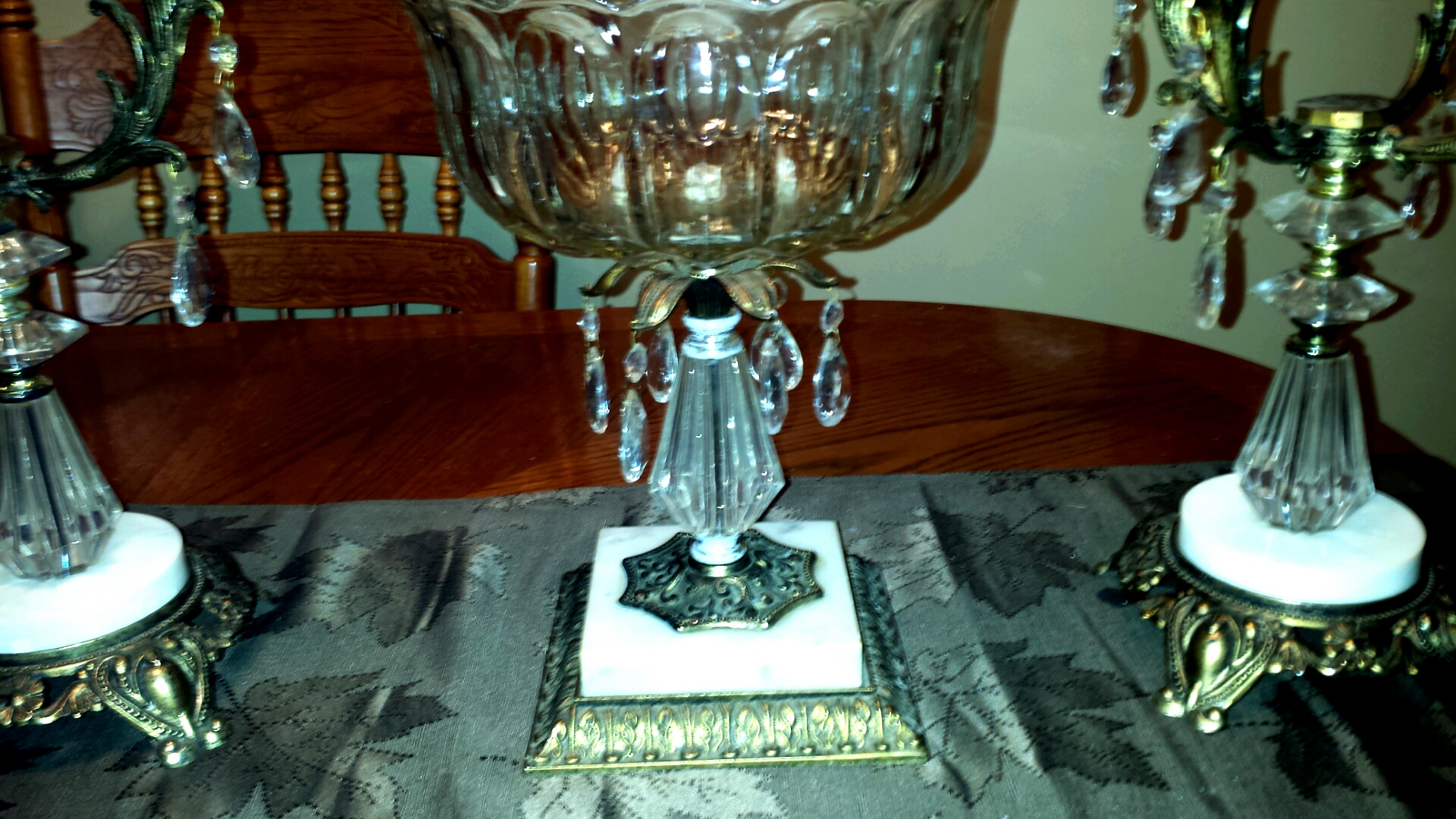 set of 3 antique brass, marble and chrystal candle holders and serving